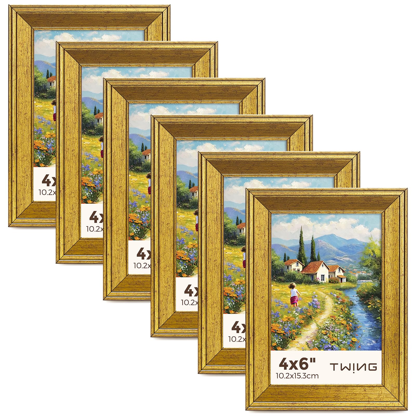 TWING 4x6 Gold Picture Frames Set of 6,Rustic Gold Frames Display